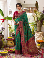 Monjolika Fashion Green Soft Banarasi Silk Blend Saree with Contrast Blouse Piece | Grocsy