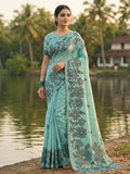 Monjolika Fashion Sky Blue Floral Printed Linen Blend Saree with Matching Blouse Piece | Grocsy