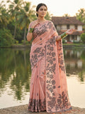 Monjolika Fashion Peach Floral Printed Linen Blend Saree with Matching Blouse Piece | Grocsy