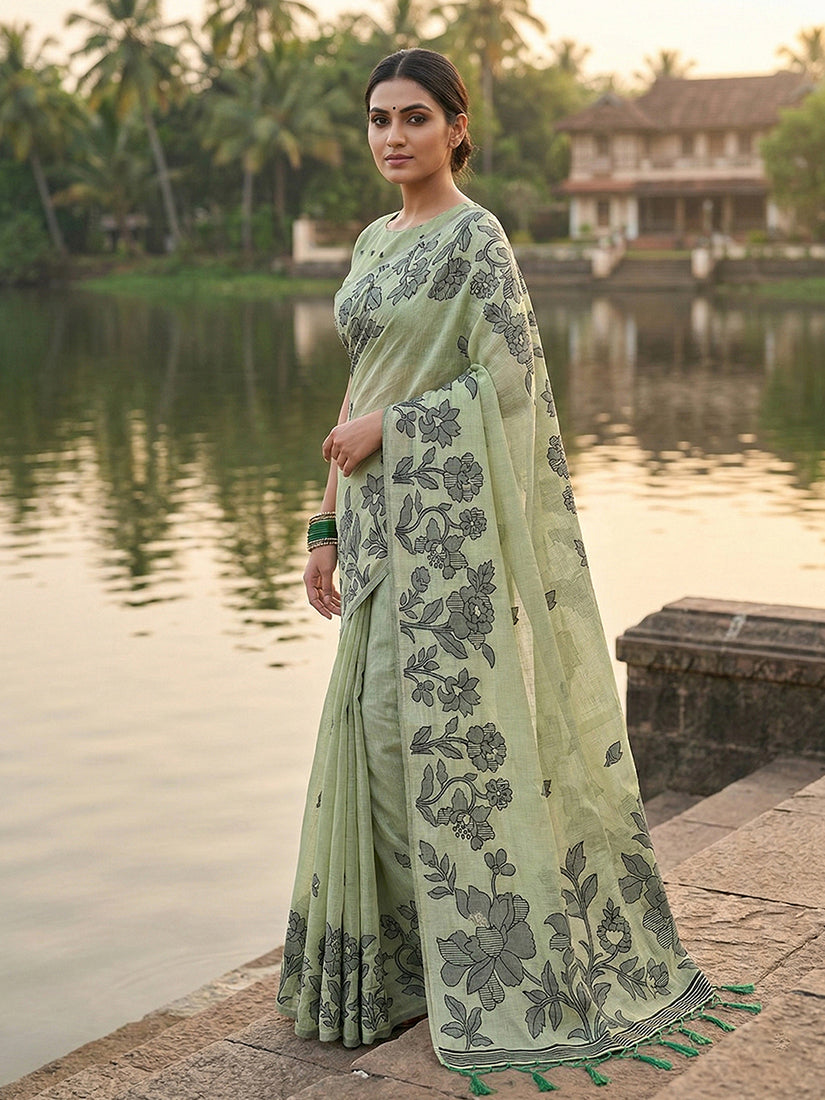 Monjolika Fashion Mint Green Floral Printed Linen Blend Saree with Matching Blouse Piece | Grocsy