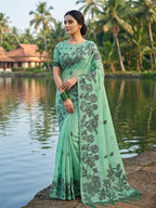 Monjolika Fashion Sea Green Floral Printed Linen Blend Saree with Matching Blouse Piece | Grocsy