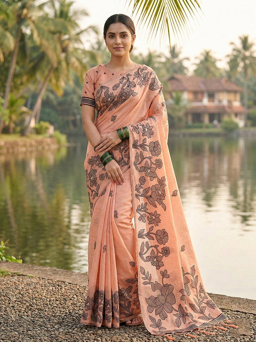 Monjolika Fashion Peach Floral Printed Linen Blend Saree with Matching Blouse Piece | Grocsy