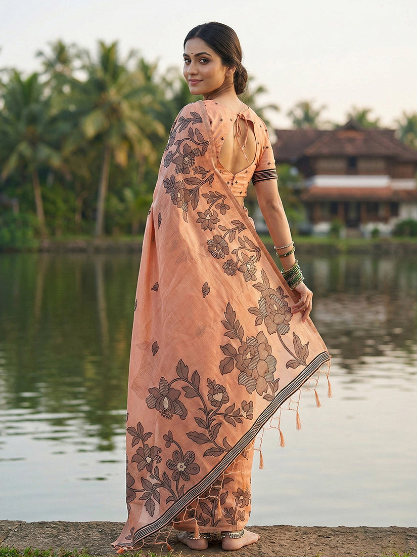 Monjolika Fashion Peach Floral Printed Linen Blend Saree with Matching Blouse Piece | Grocsy