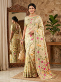 Monjolika Fashion Cream Linen Cotton Blend Saree with Floral Print | Grocsy