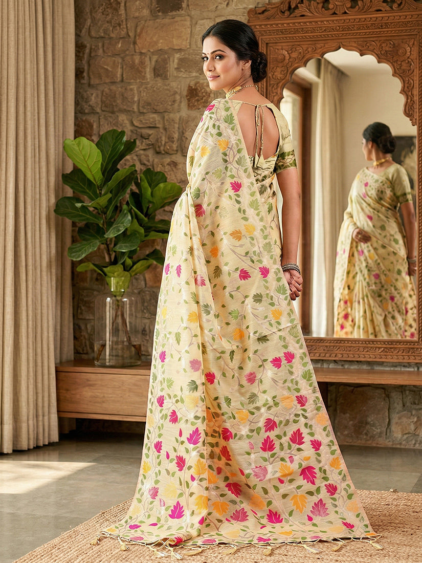 Monjolika Fashion Cream Linen Cotton Blend Saree with Floral Print | Grocsy
