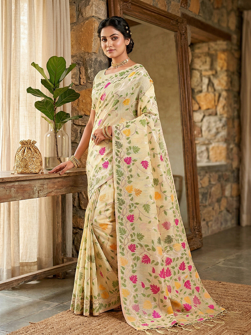 Monjolika Fashion Cream Linen Cotton Blend Saree with Floral Print | Grocsy