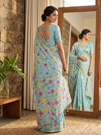 Monjolika Fashion Sky Blue Linen Cotton Blend Saree with Floral Print | Grocsy