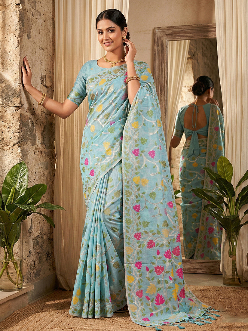 Monjolika Fashion Sky Blue Linen Cotton Blend Saree with Floral Print | Grocsy