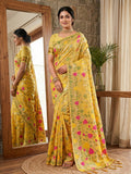 Monjolika Fashion Mustard Linen Cotton Blend Saree with Floral Print | Grocsy