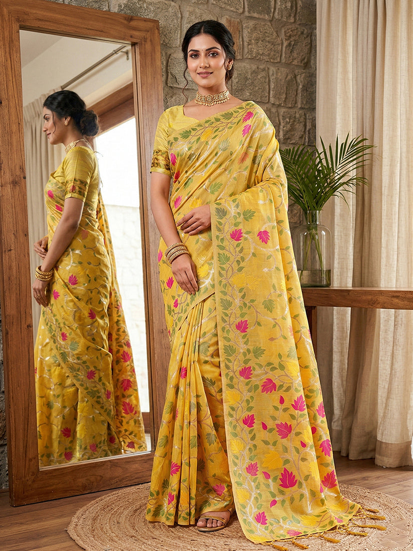 Monjolika Fashion Mustard Linen Cotton Blend Saree with Floral Print | Grocsy