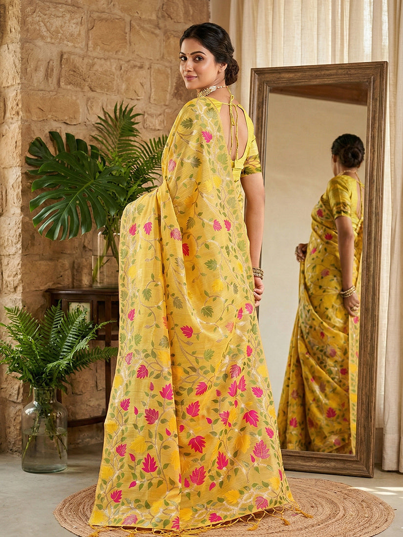 Monjolika Fashion Mustard Linen Cotton Blend Saree with Floral Print | Grocsy