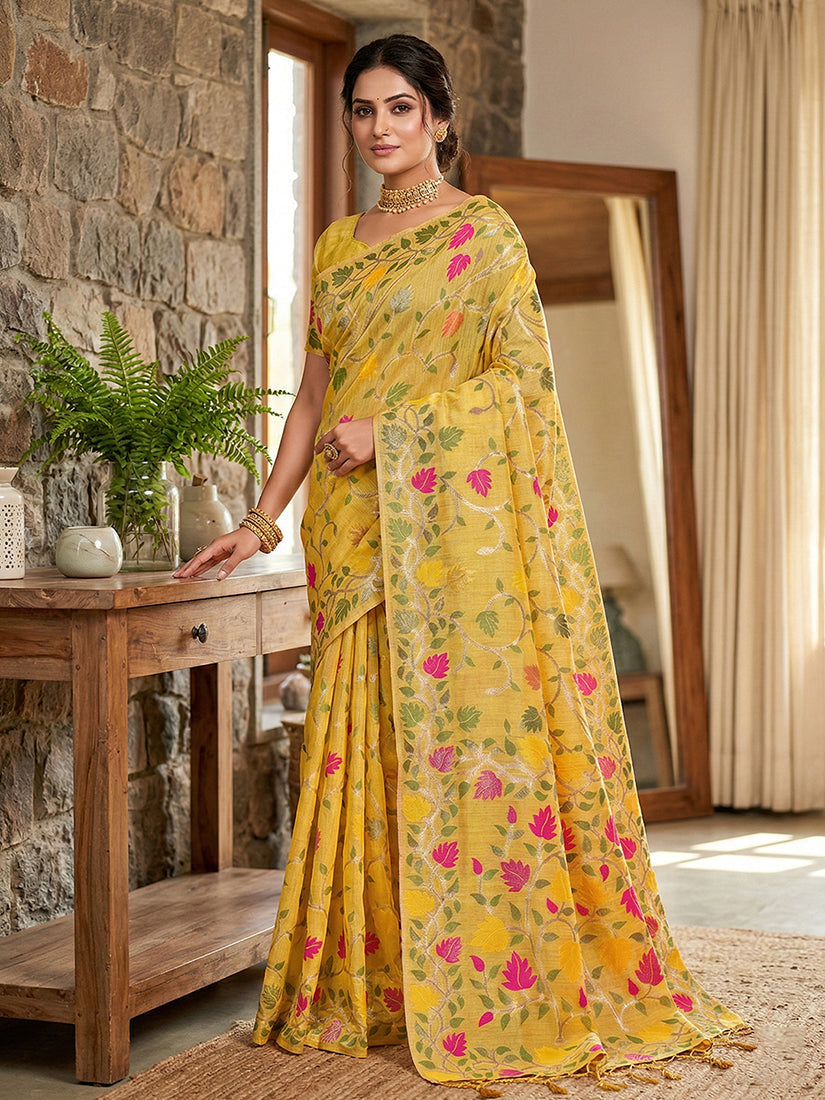 Monjolika Fashion Mustard Linen Cotton Blend Saree with Floral Print | Grocsy