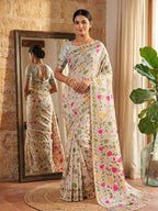 Monjolika Fashion Off White Linen Cotton Blend Saree with Floral Print | Grocsy