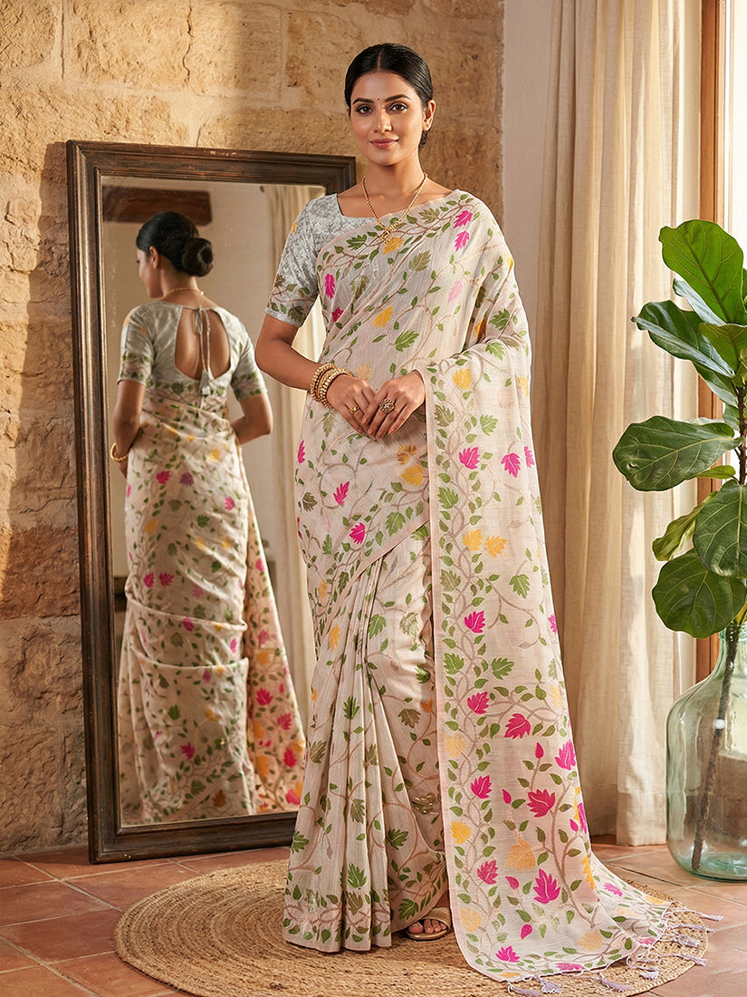 Monjolika Fashion Off White Linen Cotton Blend Saree with Floral Print | Grocsy