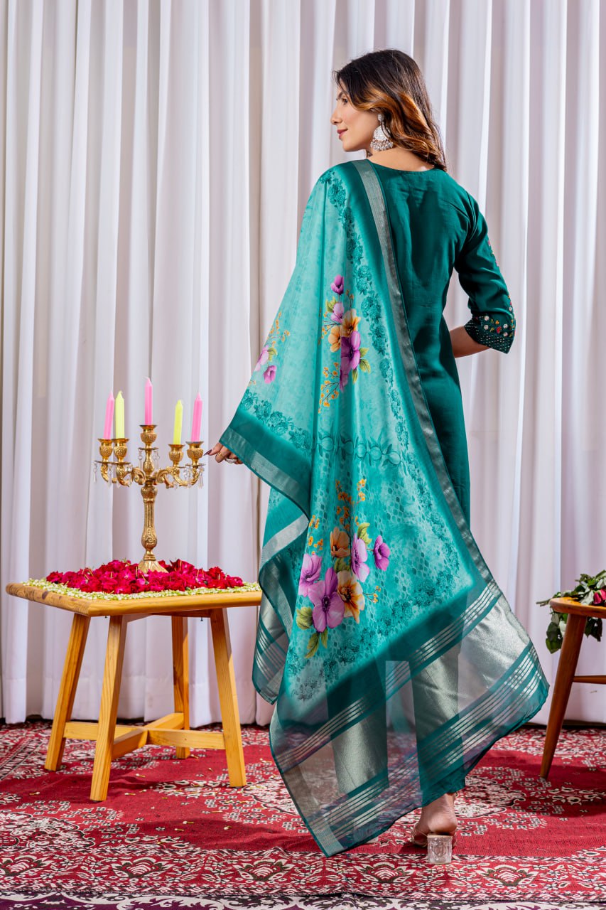 Pramukh Fab Teal Green Color Viscose Silk Kurta Set | Grocsy