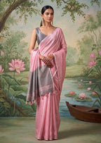 Monjolika Fashion Pink Tissue Linen Blend Saree with Grey Contrast Blouse | Grocsy