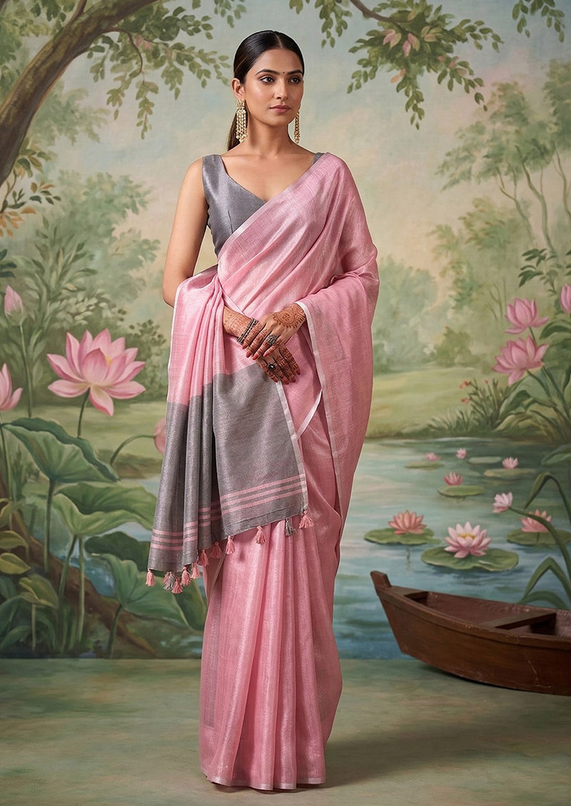 Monjolika Fashion Pink Tissue Linen Blend Saree with Grey Contrast Blouse | Grocsy