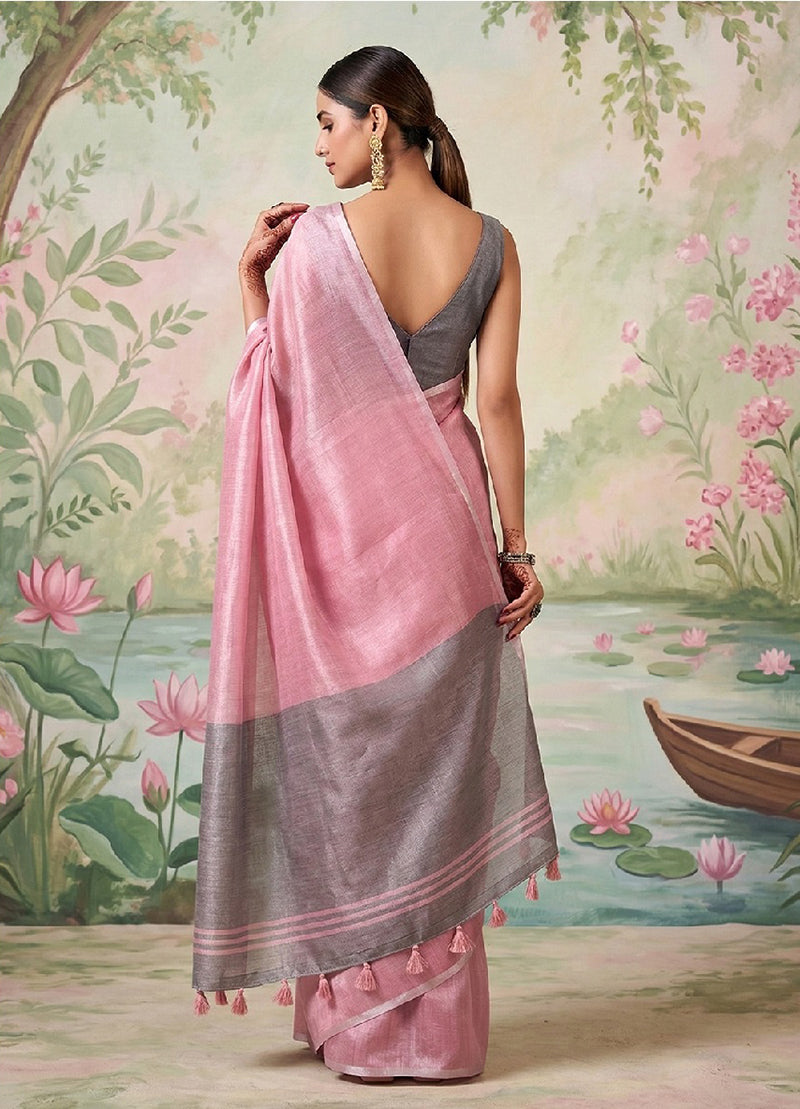 Monjolika Fashion Pink Tissue Linen Blend Saree with Grey Contrast Blouse | Grocsy