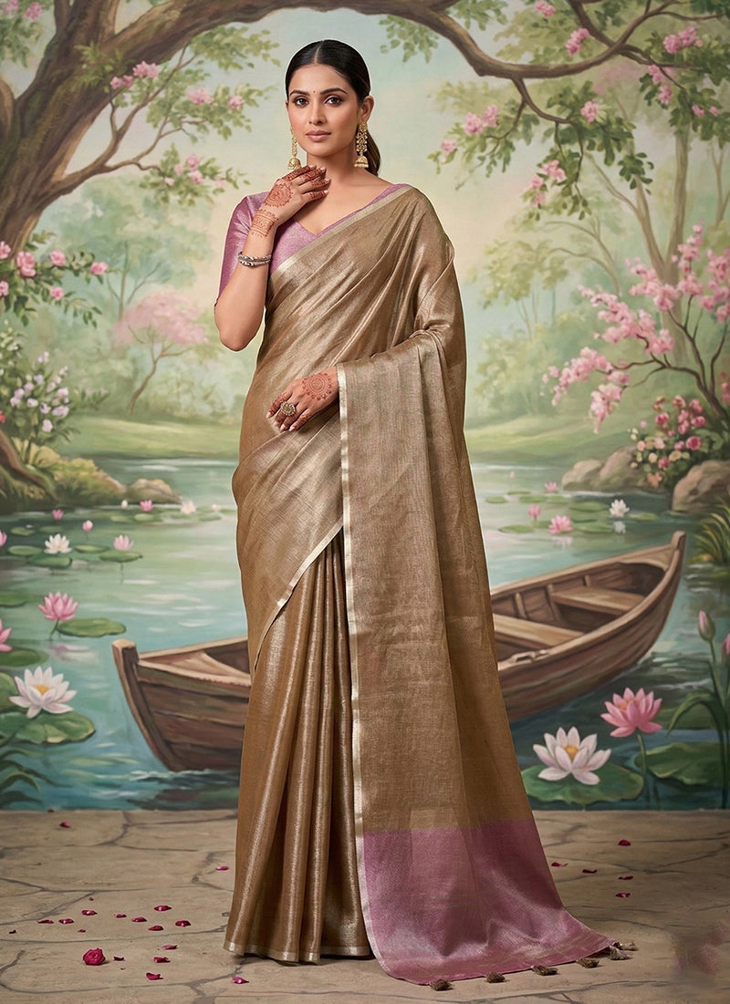 Monjolika Fashion Chiku Tissue Linen Blend Saree with Onion Pink Contrast Blouse | Grocsy