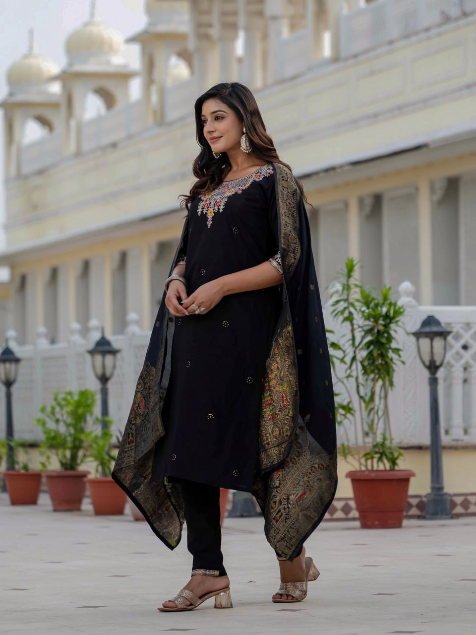 Pramukh Fab Black Color Roman Silk Kurta Set | Grocsy