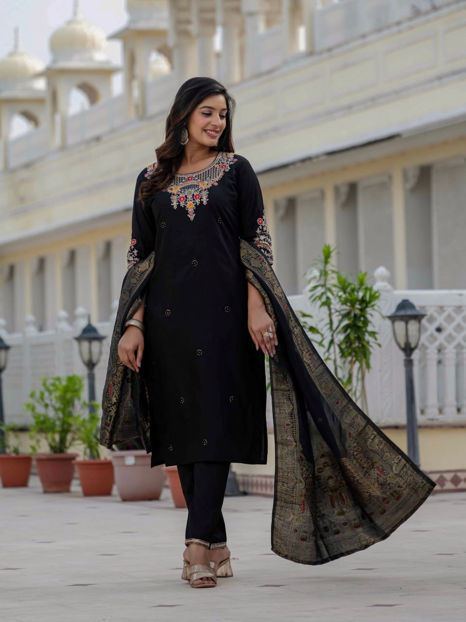 Pramukh Fab Black Color Roman Silk Kurta Set | Grocsy