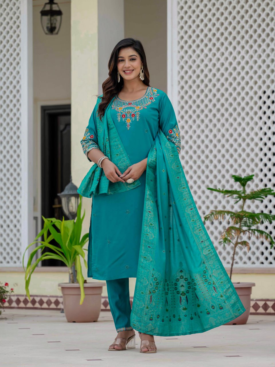 Pramukh Fab Rama Color Roman Silk Kurta Set | Grocsy