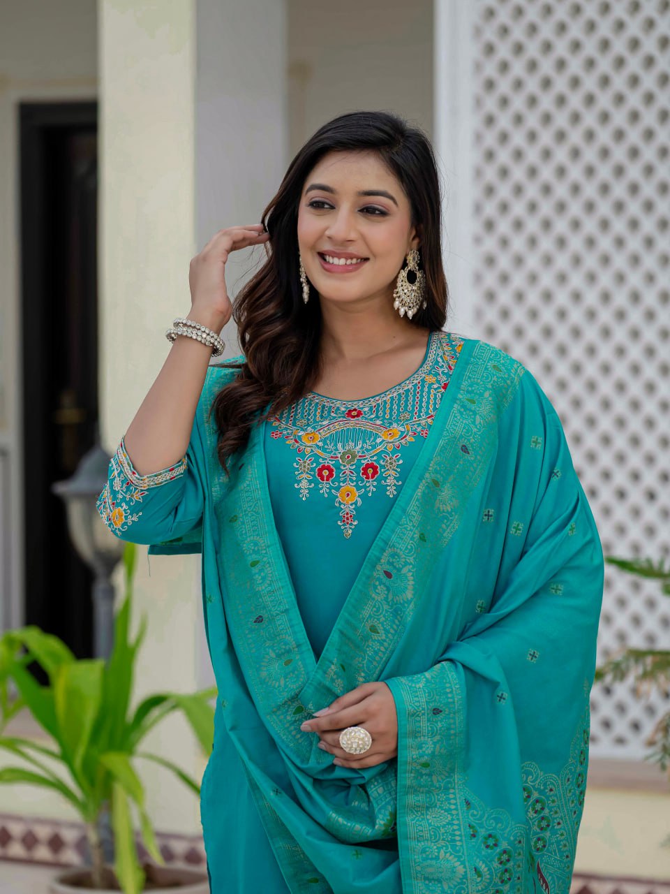 Pramukh Fab Rama Color Roman Silk Kurta Set | Grocsy