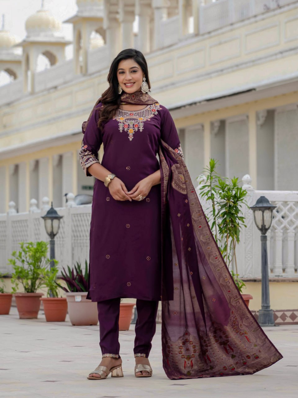Pramukh Fab Plum Color Roman Silk Kurta Set | Grocsy