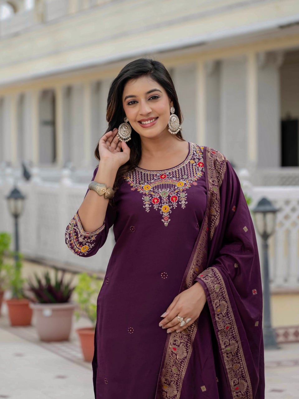 Pramukh Fab Plum Color Roman Silk Kurta Set | Grocsy