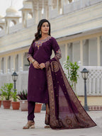 Pramukh Fab Plum Color Roman Silk Kurta Set | Grocsy