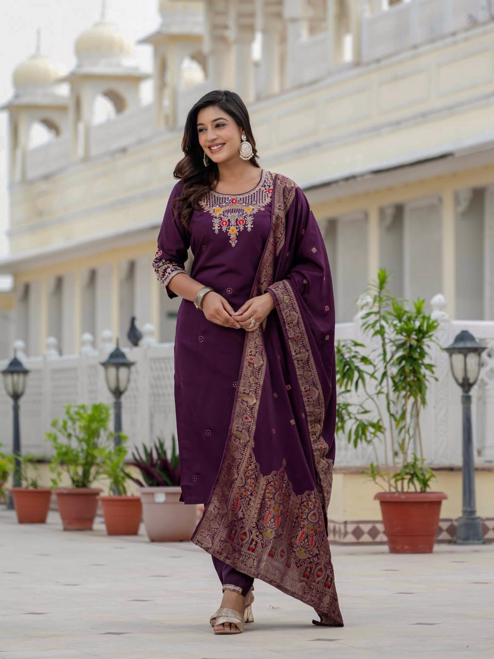 Pramukh Fab Plum Color Roman Silk Kurta Set | Grocsy