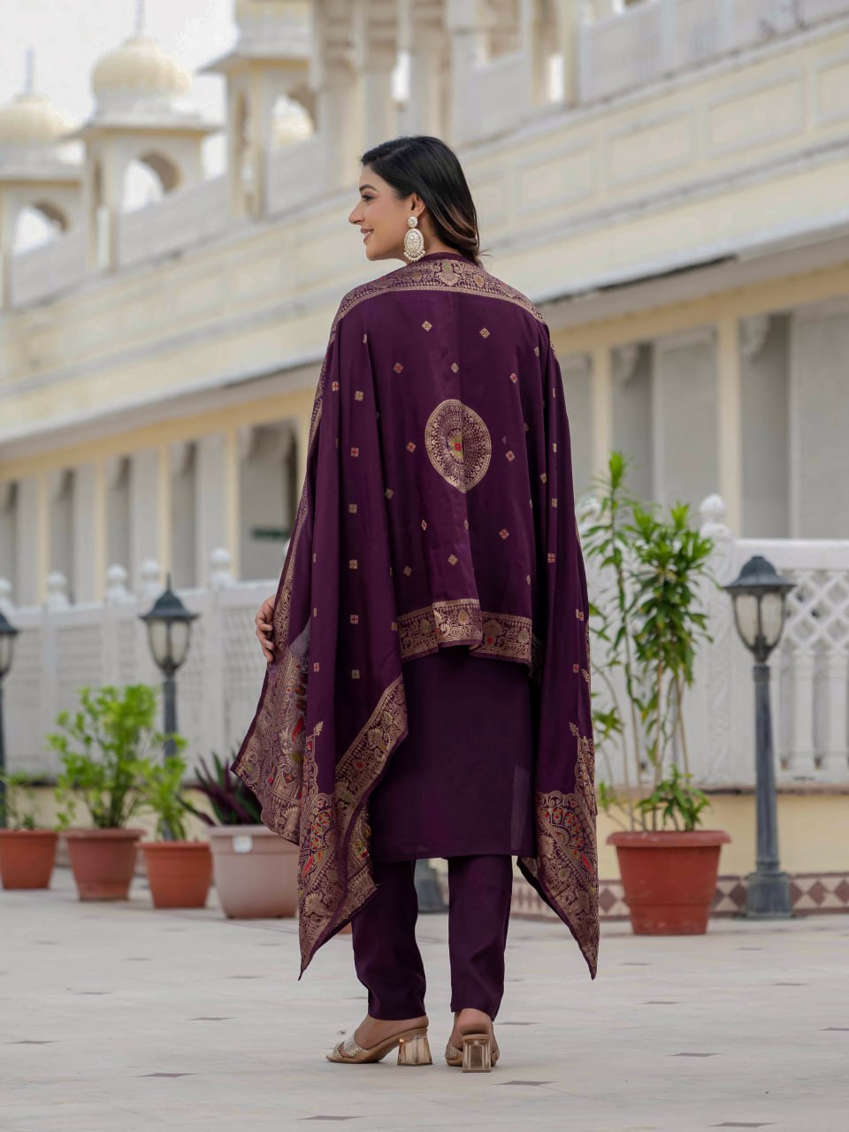 Pramukh Fab Plum Color Roman Silk Kurta Set | Grocsy