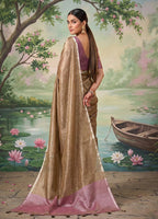 Monjolika Fashion Chiku Tissue Linen Blend Saree with Onion Pink Contrast Blouse | Grocsy