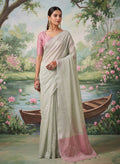 Monjolika Fashion Off White Tissue Linen Blend Saree with Pink Contrast Blouse | Grocsy