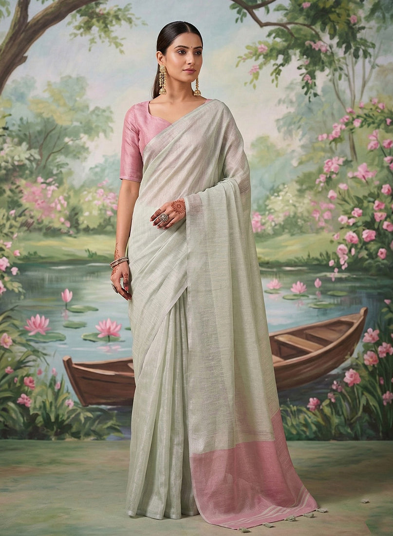 Monjolika Fashion Off White Tissue Linen Blend Saree with Pink Contrast Blouse | Grocsy