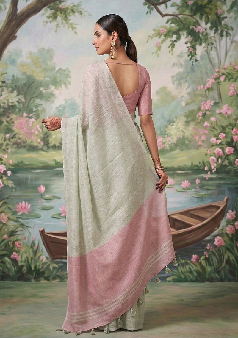 Monjolika Fashion Off White Tissue Linen Blend Saree with Pink Contrast Blouse | Grocsy