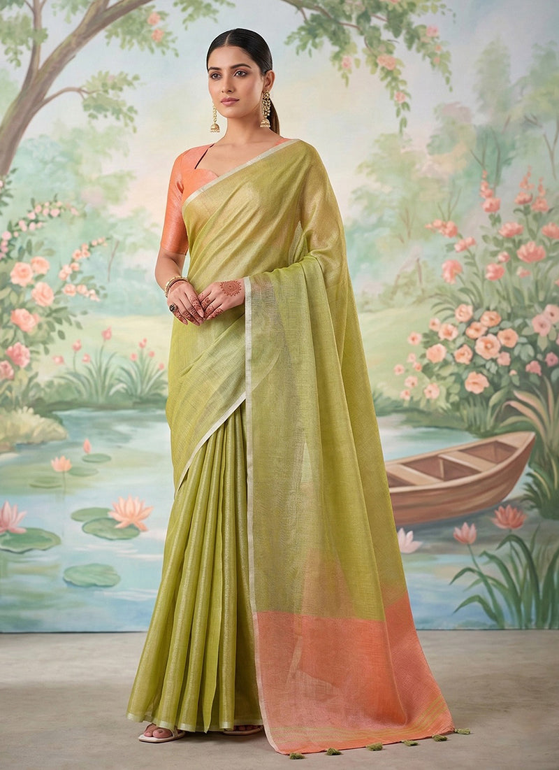 Monjolika Fashion Light Olive Green Tissue Linen Blend Saree with Prach Contrast Blouse | Grocsy