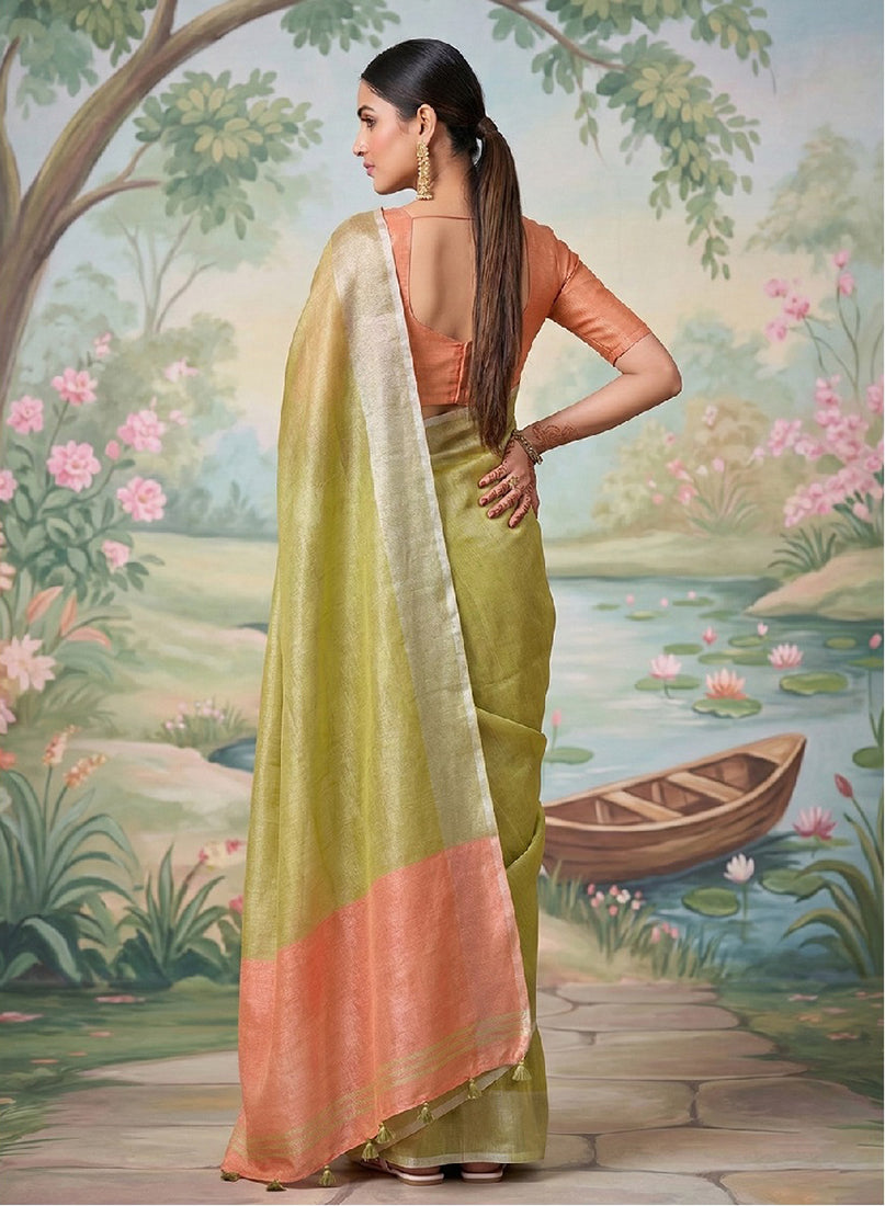Monjolika Fashion Light Olive Green Tissue Linen Blend Saree with Prach Contrast Blouse | Grocsy