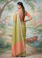 Monjolika Fashion Light Olive Green Tissue Linen Blend Saree with Prach Contrast Blouse | Grocsy