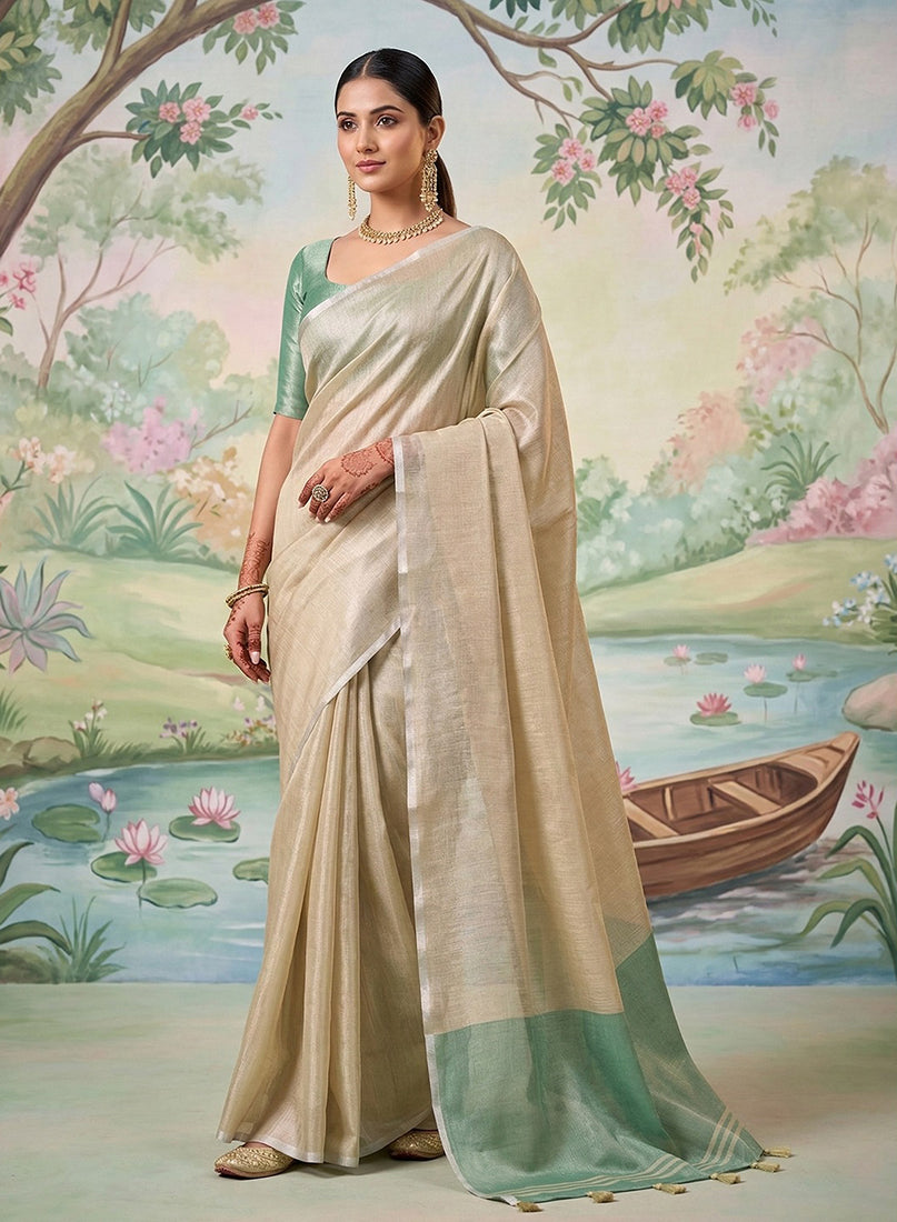 Monjolika Fashion Beige Tissue Linen Blend Saree with Sea Green Contrast Blouse | Grocsy