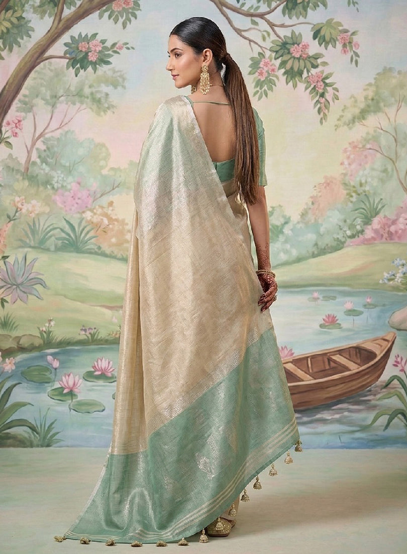Monjolika Fashion Beige Tissue Linen Blend Saree with Sea Green Contrast Blouse | Grocsy