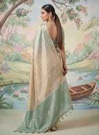 Monjolika Fashion Beige Tissue Linen Blend Saree with Sea Green Contrast Blouse | Grocsy