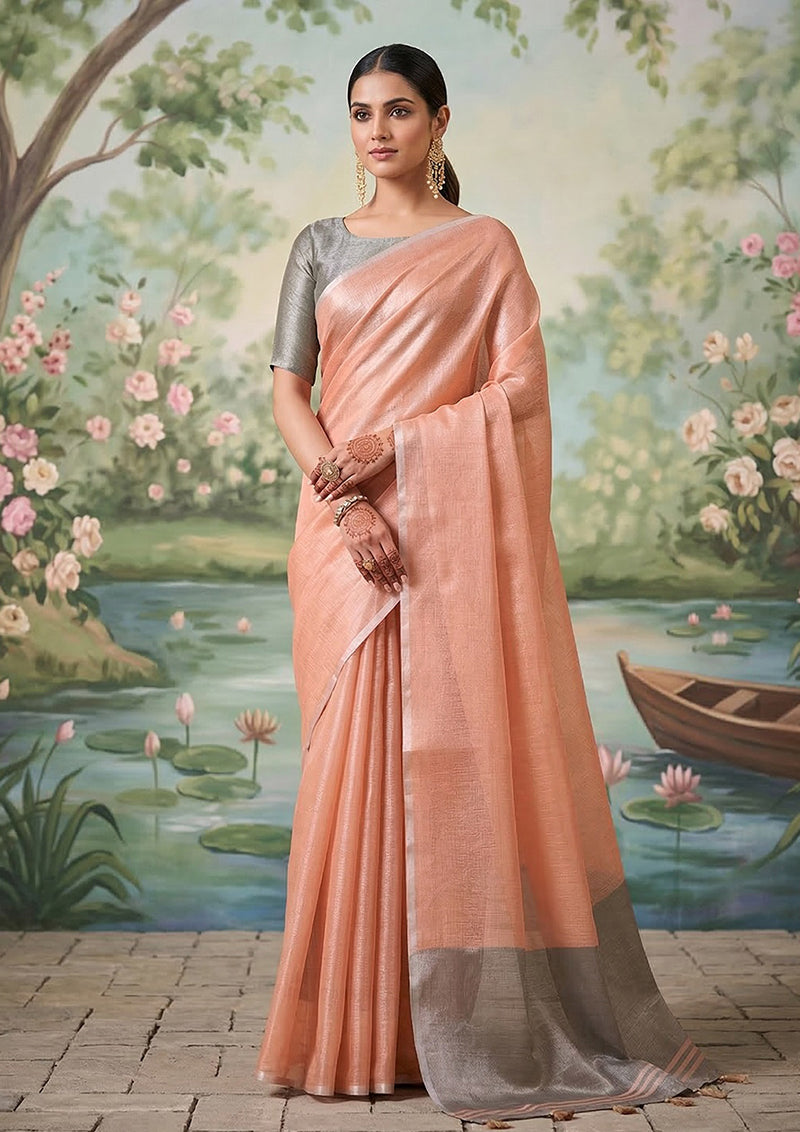 Monjolika Fashion Peach Tissue Linen Blend Saree with Grey Contrast Blouse | Grocsy