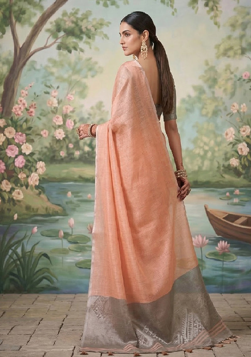 Monjolika Fashion Peach Tissue Linen Blend Saree with Grey Contrast Blouse | Grocsy