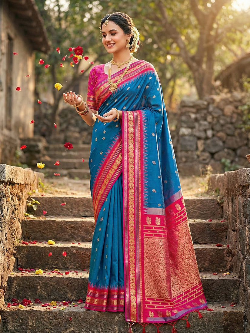 Monjolika Fashion Royal Blue Banarasi Silk Blend Saree with Rani Pink Zari Border | Grocsy