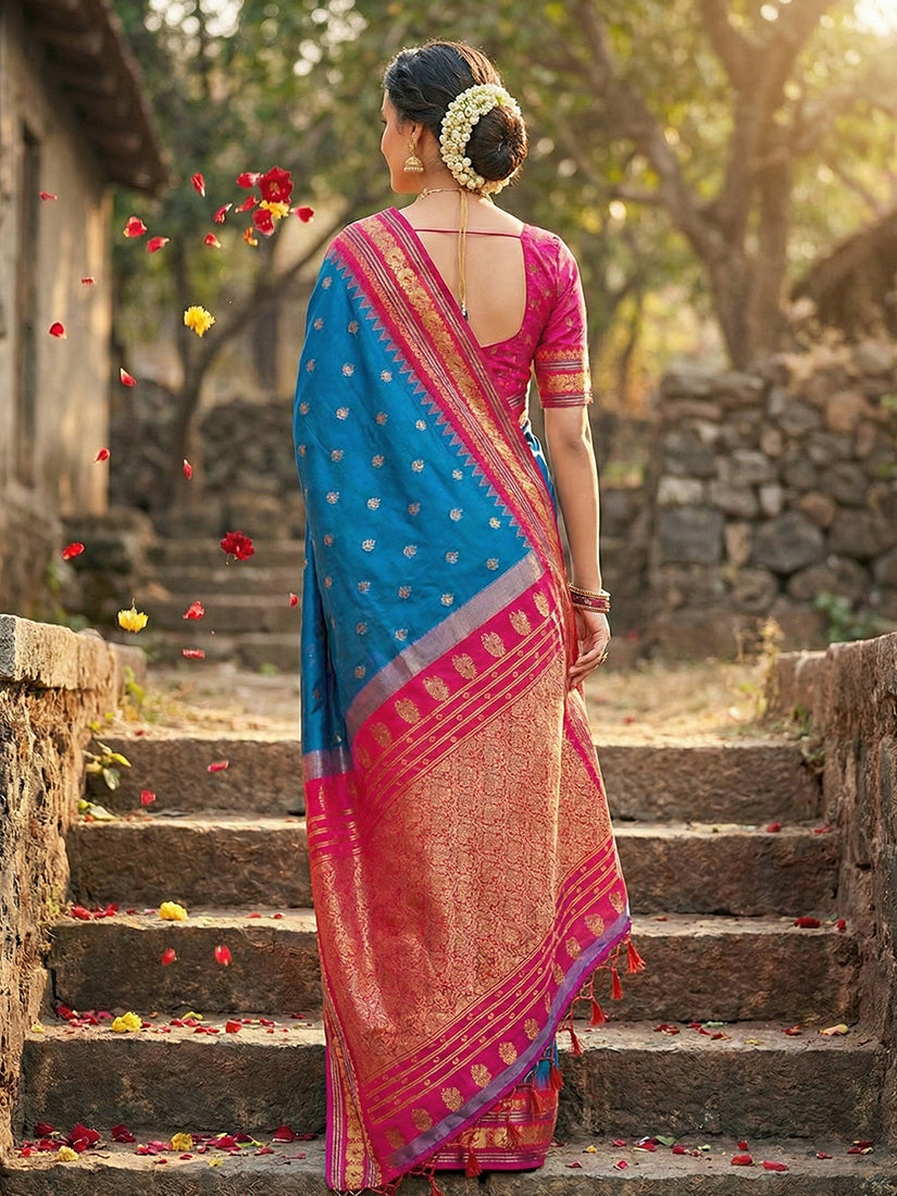 Monjolika Fashion Royal Blue Banarasi Silk Blend Saree with Rani Pink Zari Border | Grocsy