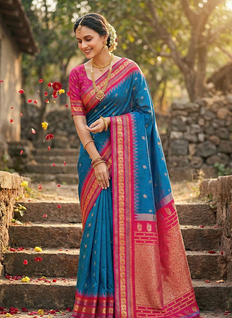 Monjolika Fashion Royal Blue Banarasi Silk Blend Saree with Rani Pink Zari Border | Grocsy