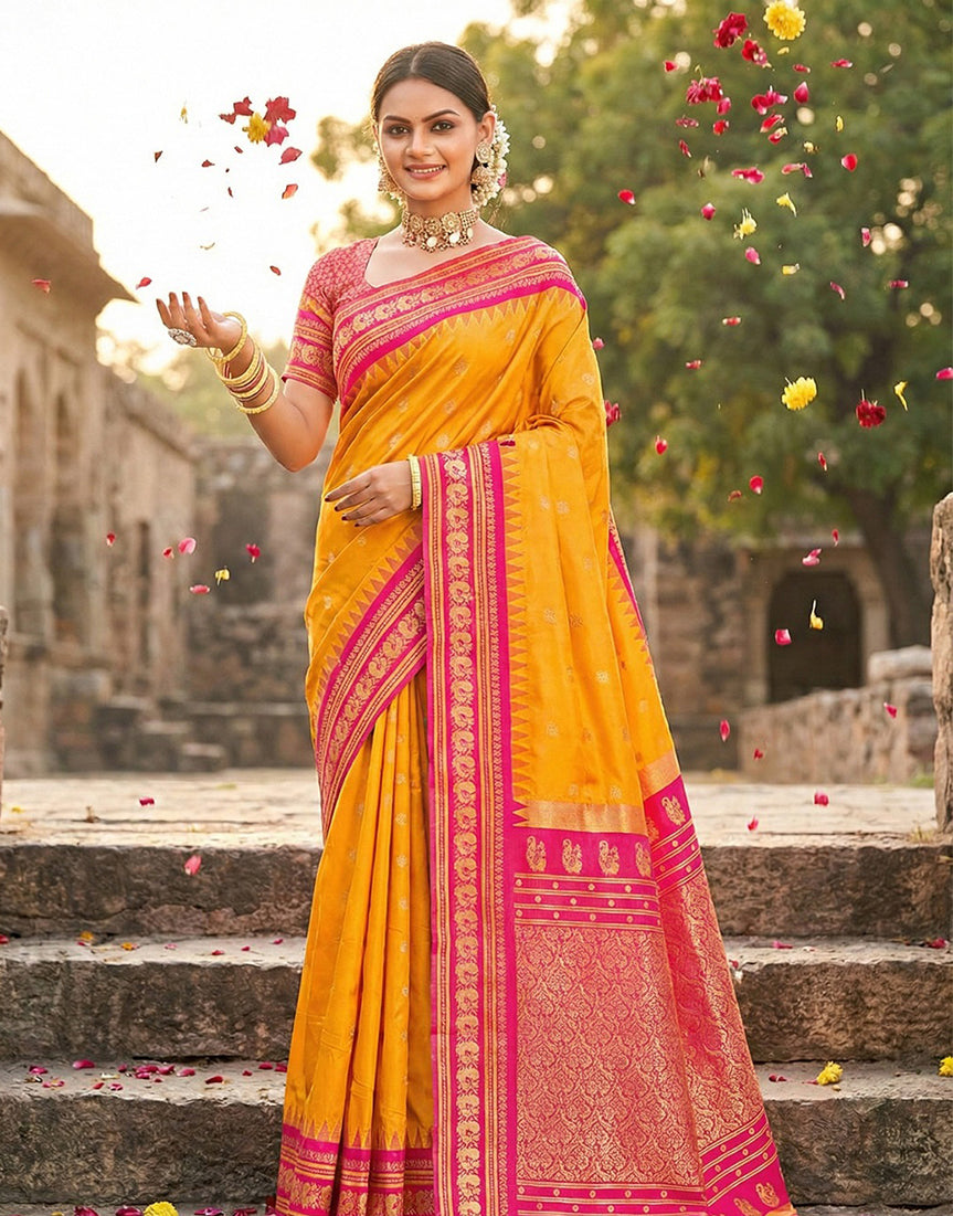 Monjolika Fashion Mustard Banarasi Silk Blend Saree with Rani Pink Zari Border | Grocsy