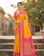 Monjolika Fashion Mustard Banarasi Silk Blend Saree with Rani Pink Zari Border | Grocsy