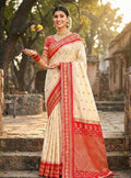 Monjolika Fashion Off White Banarasi Silk Blend Saree with Red Zari Border | Grocsy